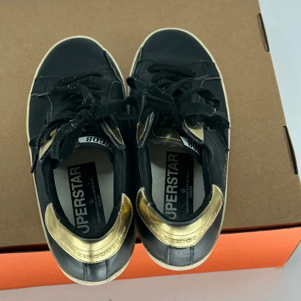 Golden Goose Superstar Black Leather Sneakers Low Trainers‎ Gold Heel Italy 39